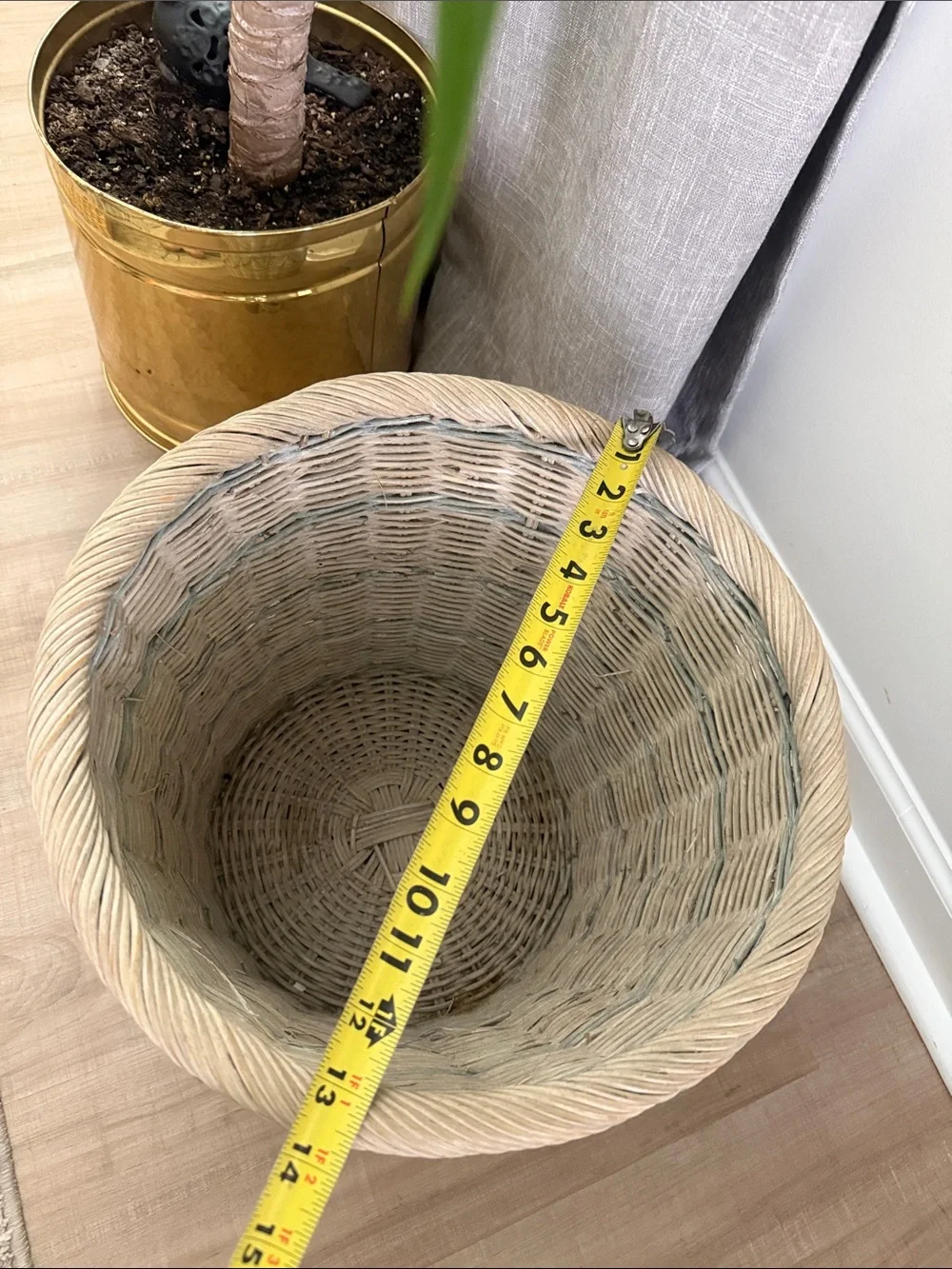 Vintage Woven Decorative Basket - Natural Light Gray Blue Planter Wastebasket
